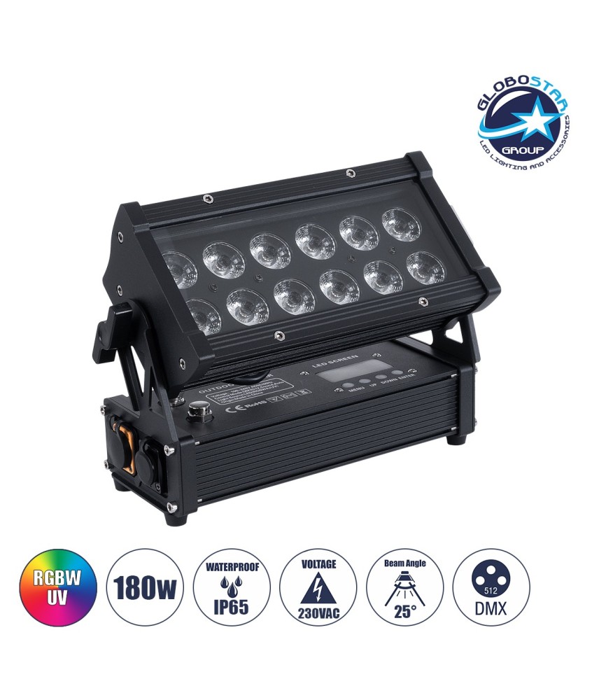 GloboStar® 51198 CYRUS Επαγγελματική Κεφαλή PAR DMX512 180W AC 220V-240V 6in1 - SPOT 25° OSRAM LED Αδιάβροχη IP65 RGBW+UV - Μαύρο - Μ30 x Π14 x Υ19cm - 2 Χρόνια Εγγύηση